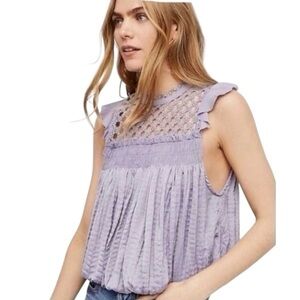 Free People FP One Silky Crochet Blouse in Lavender | Size XS